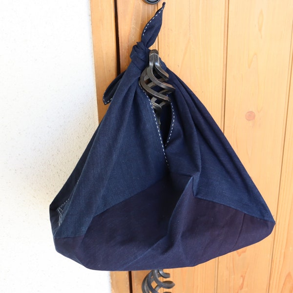 Vintage Japanese Aizome Indigo Cotton Azuma Bag Tote Origami Bag Bento Bag Handmade