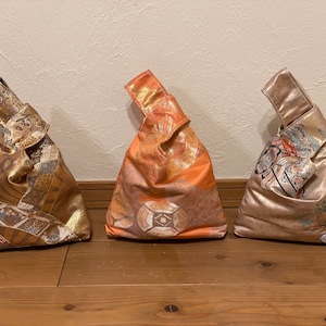 Choose 1 Japanese Knot Bag Wrist Bag Small Tote Snack Bag Metallic Gold Bag Upcycled Obi Knot Bag Birds Floral