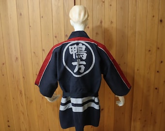 Vintage 80s Japanese Firefighter Hanten Jacket, Indigo Sashiko Workwear (L/XL)