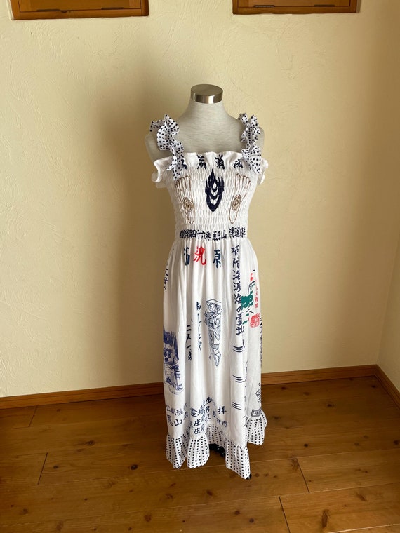 New Handmade Japanese Cotton Camisole Dress: Upcycled from Tenugui Tea Towel Fabric, US Size 10