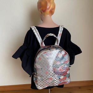 Japanese Vintage Obi Upcycled Metallic Fabric Backpack Bag Shopping Bag Kimono Bag Obi Bag Obi Remake Purse