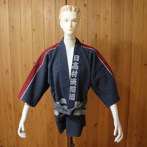 Medium Vintage Japanese Cotton Sashiko Faded Black Fireman Coat Hikeshibanten Kimono Firefighter Jacket Happi Hanten Kimono Noragi