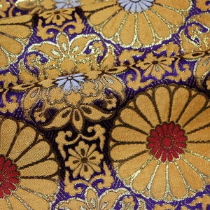 19 Inches long Vintage Japanese Purple Gold Floral Exotic Obi Butt Fabric Piece Remnant