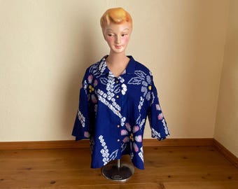 Upcycled Yukata Aloha Shirt - Arimatsu Shibori Indigo Cotton Gown, Oversized Kimono Remake Top, Women's Casual Open Collar Beach Cover-Up