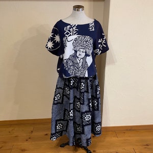 US 18 Vintage Japanese Tenugui Tea Towel Upcycled Cotton Patchwork Woman T-shirt with Shibori Skirt