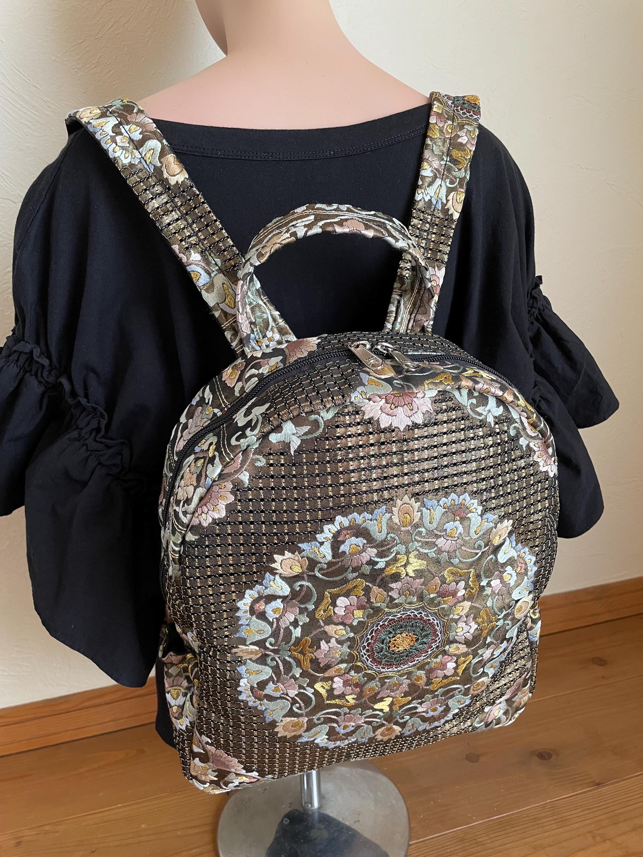 Japanese Vintage Obi Upcycled Metallic Fabric Backpack Bag