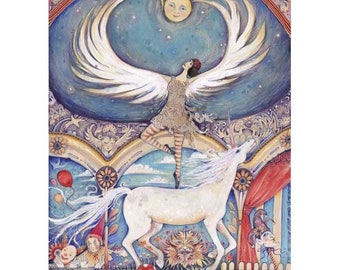 Circus fantasy limited edition print  angel ballerina and unicorn vintage circus poster original artwork