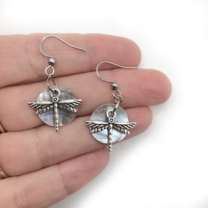 Small dragonfly and Shell mother of pearl silver tone damselfly earrings FREE SHIPPING USA
