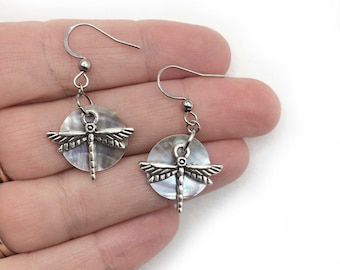 Small dragonfly and Shell mother of pearl silver tone damselfly earrings FREE SHIPPING USA