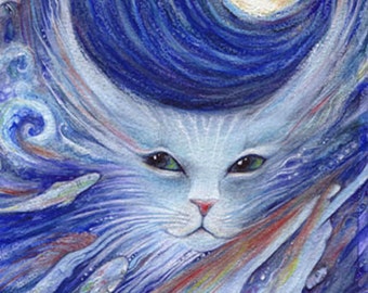 Cat's Dreamland art print from original painting cat fantasy picture with fish