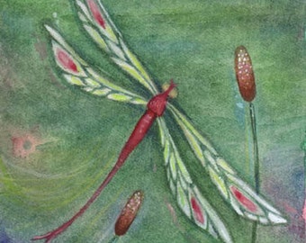 Green Dragonflies art print long panel print original dragonfly Zen art