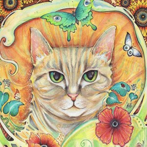 Art Nouveau Cat Art Print from the original painting by Liza Paizis  Poppy Cat Flower picture