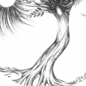 May include: A detailed pencil drawing of a tree with a sun and leaves. The tree trunk curves gracefully, with visible roots and branches. The sun is depicted as a bright, circular shape, and the leaves are small and detailed.