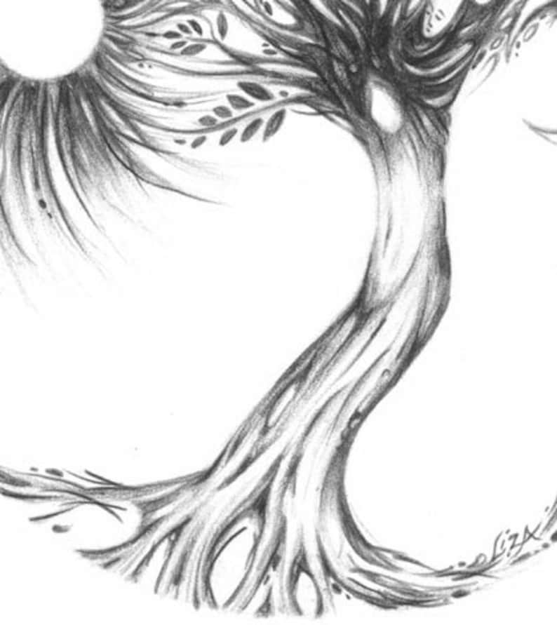 May include: A detailed pencil drawing of a tree with a sun and leaves. The tree trunk curves gracefully, with visible roots and branches. The sun is depicted as a bright, circular shape, and the leaves are small and detailed.