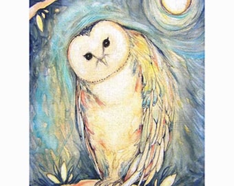 Blue owl art print from the original painting original barn owl art totem animal picture