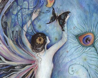 Sylph fairy art print from an original fairy painting butterfly and peacock feather fairy picture