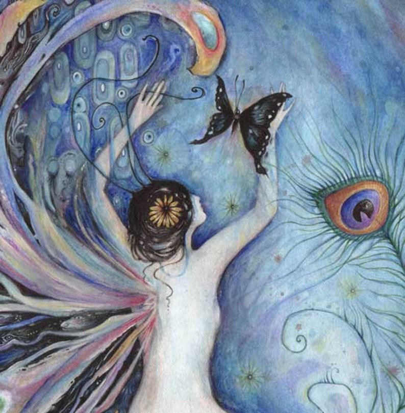 Impresión de arte de hada sílfide de una mariposa de pintura de hadas original y cuadro de hadas de plumas de pavo real imagen 1