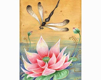 Dragonfly and Lotus art print from the original Zen painting Awakening