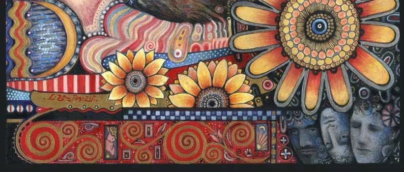 Pode incluir: Uma obra de arte vibrante e detalhada com girass&oacute;is e elementos abstratos. A pintura apresenta girass&oacute;is em tons de amarelo e laranja, com padr&otilde;es e texturas intrincados. A obra de arte inclui uma lua crescente, rostos e espirais decorativas vermelhas e douradas.
