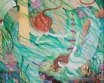 Mermaids in Atlantis art print from original mermaid fantasy painting of two mermaid friends