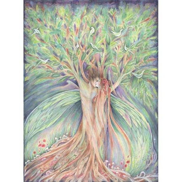 Tree Spirits lovers art print from original painting of lovers in a tree of love valentines day wedding engagementgift