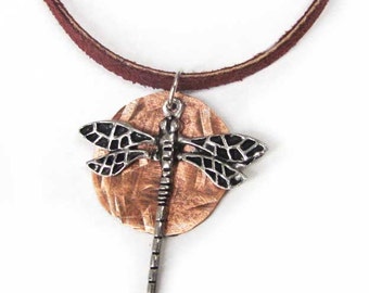 Dragonfly small pendant necklace art nouveau dragonfly charm with hammered copper penny FREE SHIPPING USA