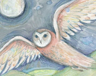 Owl Flight whimsical art print from an original barn owl painting FREE SHIPPING in USA