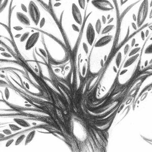 May include: A detailed pencil drawing of a tree with leaves and branches. An owl is hidden within the branches. The artwork is in black and white, with a focus on texture and shading to create depth and dimension.