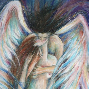Angels Kiss romantic art print of two embracing lovers Angel Love picture Angels embracing