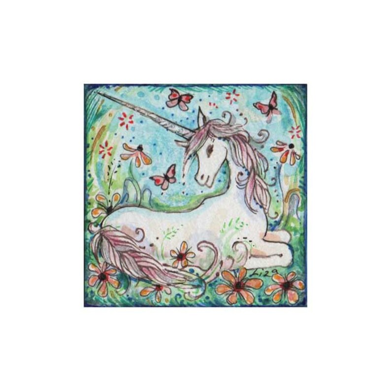 May include: Watercolor painting of a white unicorn with a pink mane and tail, lying in a field of flowers and butterflies. The artwork has a whimsical style with a blue and green background, and orange and pink flowers.