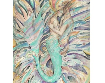 Mermaids Dream art print of a Mermaid and her Love romantic mermaid picture valentines day gift