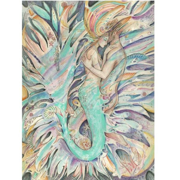 Mermaids Dream art print of a Mermaid and her Love romantic mermaid picture valentines day gift