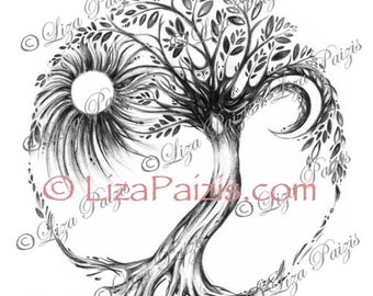 Tree of Life art print dryad tree spirit sun moon print from the original drawing of a tree goddess woman in a tree