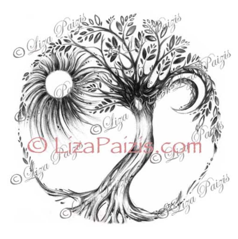 May include: A black and white illustration of a tree of life design. The tree is encircled, with a sun-like element on the left. The image includes the text "Liza Paizis" and "LizaPaizis.com".