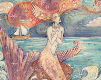 Mermaid Ulysses Muse art print mermaid siren mythology whimsical art by Liza Paizis