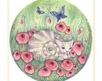 Flower Cat art print cat with poppies picture FREE SHIPPING in USA