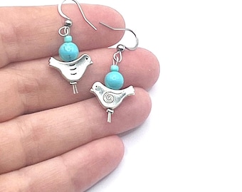 Orecchini a forma di uccello blu con pietra preziosa Howlite turchese, gioielli a forma di colomba in stile sud-occidentale