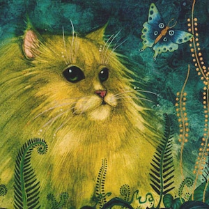 Green Cat fine art print from the original painting cat with butterfly gorgeous cat gift