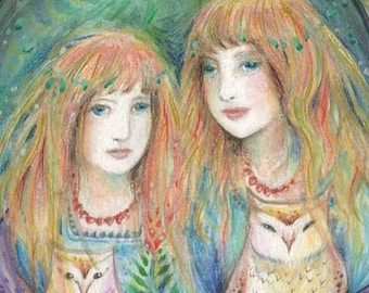 The Owlings Limited Edition art print of two sisters and owls magical realism portrait painting