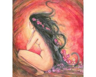 Dusk Goddess Art Print goddess of Night fall with a black cat original art