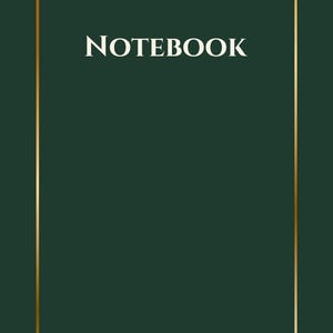 Może przedstawiać: Ciemnozielony notatnik z białym napisem „NOTEBOOK” na górze. Notatnik ma złote obramowanie, tworzące klasyczny i elegancki design. Tło jest jednolite, ciemnozielone.