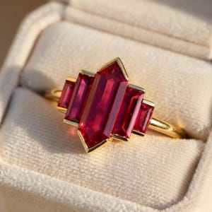 Hexagon Cut Lab Ruby Art Deco Engagement Ring, Geometric Gold Band for Women