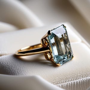May include: A gold ring with a large, rectangular, pale blue gemstone. The ring has an intricate, filigree design around the gemstone and a smooth, polished band. The ring is set against a white, textured background.