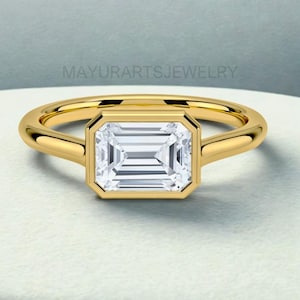 3CT Emerald Cut Moissanite Ring: 14K Gold Bezel Set Solitaire