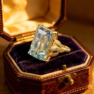 May include: A gold ring with a large, rectangular, light blue gemstone. The ring is set in a gold band with leaf-like details on the sides. The ring is displayed in a vintage, purple velvet-lined jewelry box with a gold clasp.