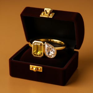 May include: A gold ring with two gemstones, one emerald-cut yellow and one pear-shaped clear, sits inside a maroon velvet jewelry box. The box is open, revealing the ring's placement. The box has a gold clasp and hinges.