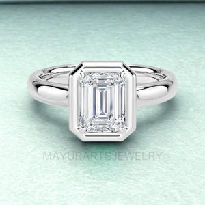 3CT Emerald Cut Moissanite Ring: 14K Gold Bezel Set Solitaire