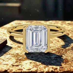 3CT Emerald Cut Moissanite Ring: 14K Gold Bezel Set Engagement Ring