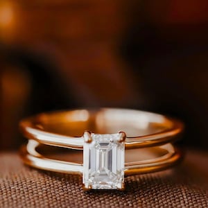 Emerald Cut Moissanite Engagement Ring: Double Band 14K Gold