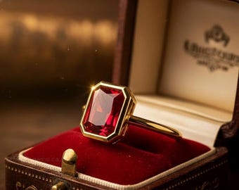 Emerald Cut Lab Ruby Ring - Vintage Yellow Gold Bezel Set Ring For Her